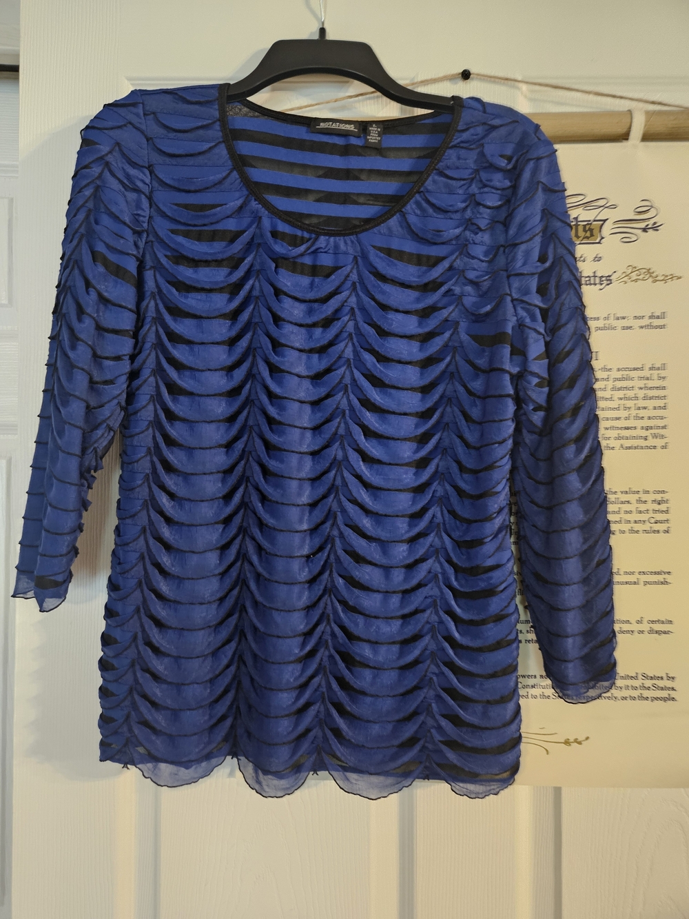 Notations Blue and Black Layered Ruffle Blouse